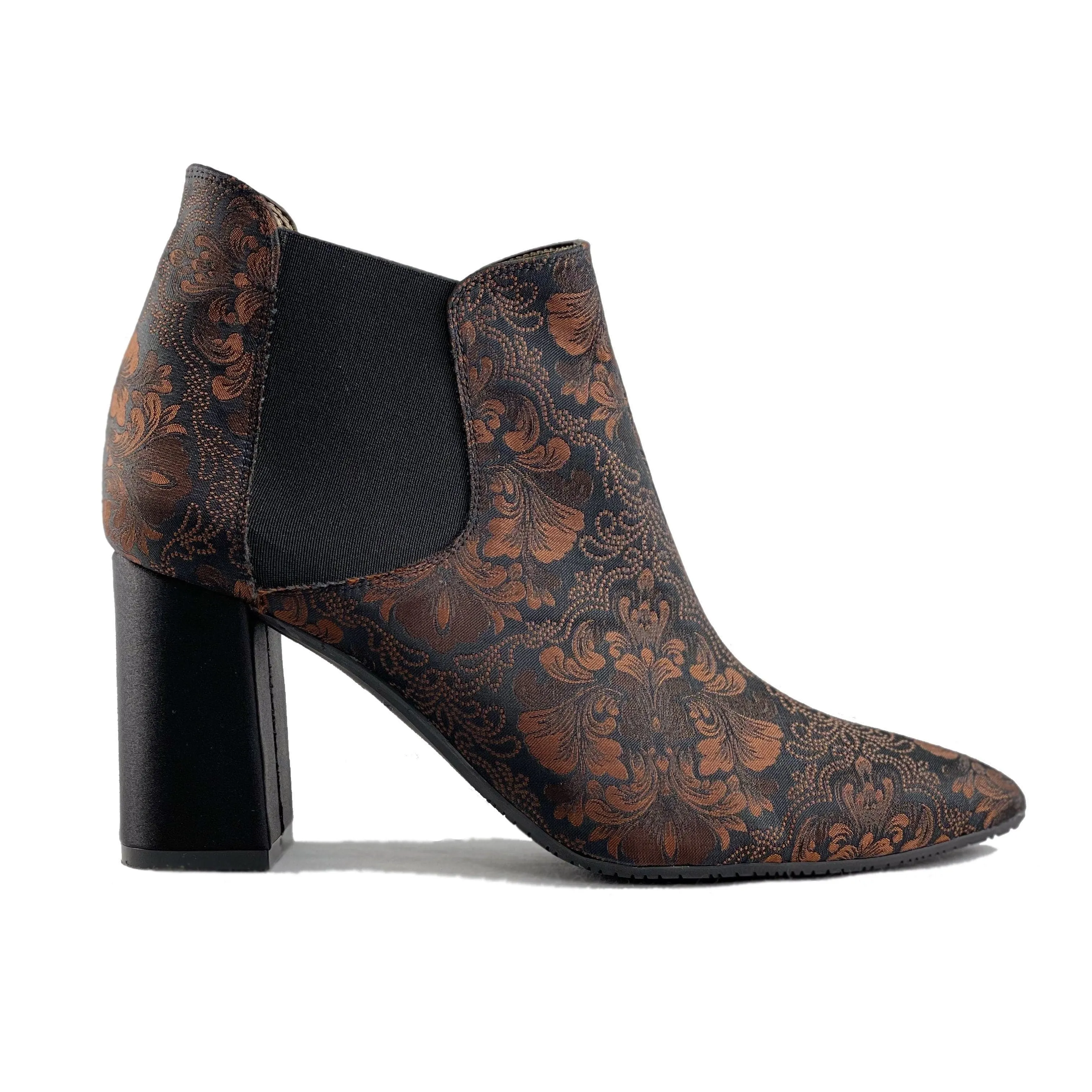 'Rachel' vegan Chelsea bootie by Zette Shoes - black/chocolate brocade