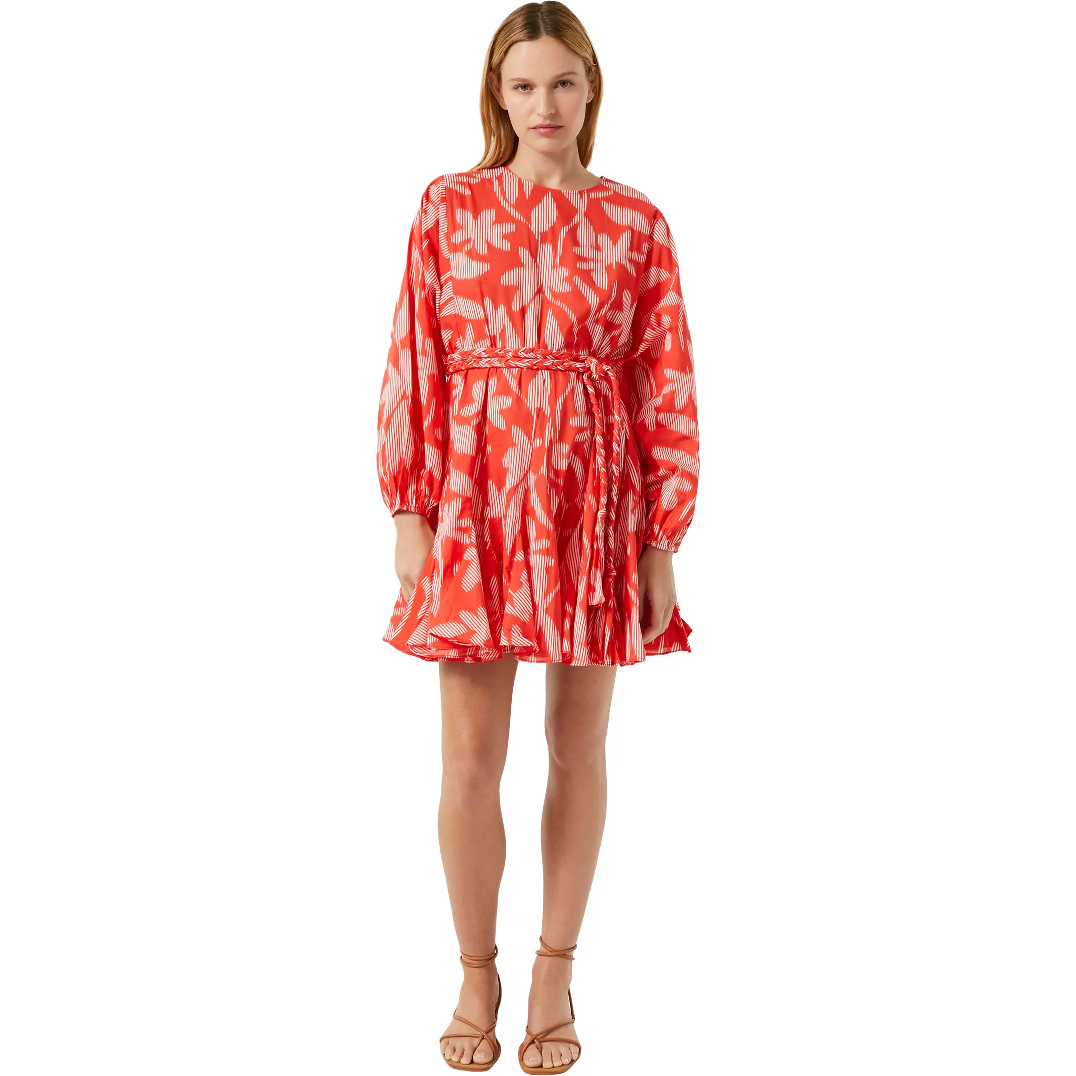 RHODE Women's Ella Print Long Sleeve Braided Belt Short Dress, Optical Floral