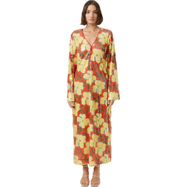 RHODE Women's Terry Print Long Sleeve V-Neck Dress, Scarlet Martinique Mini