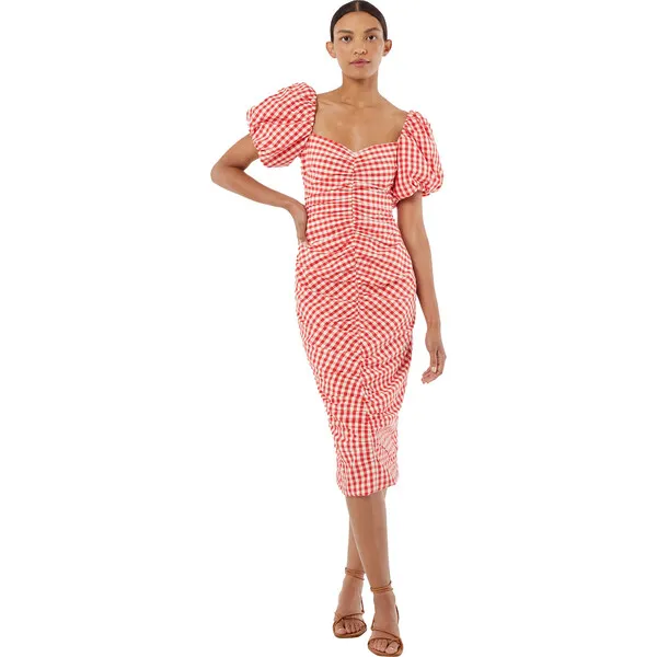 RHODE Women's Tessa Gingham Print Puff Sleeve Dress, Scarlet Toulouse