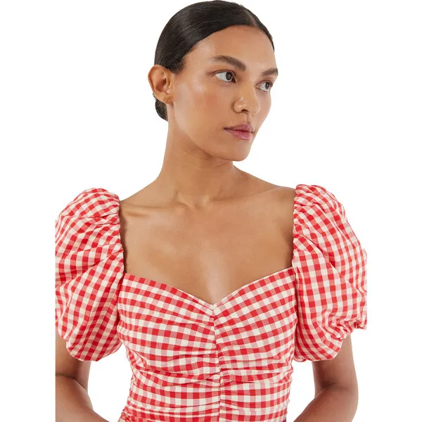 RHODE Women's Tessa Gingham Print Puff Sleeve Dress, Scarlet Toulouse