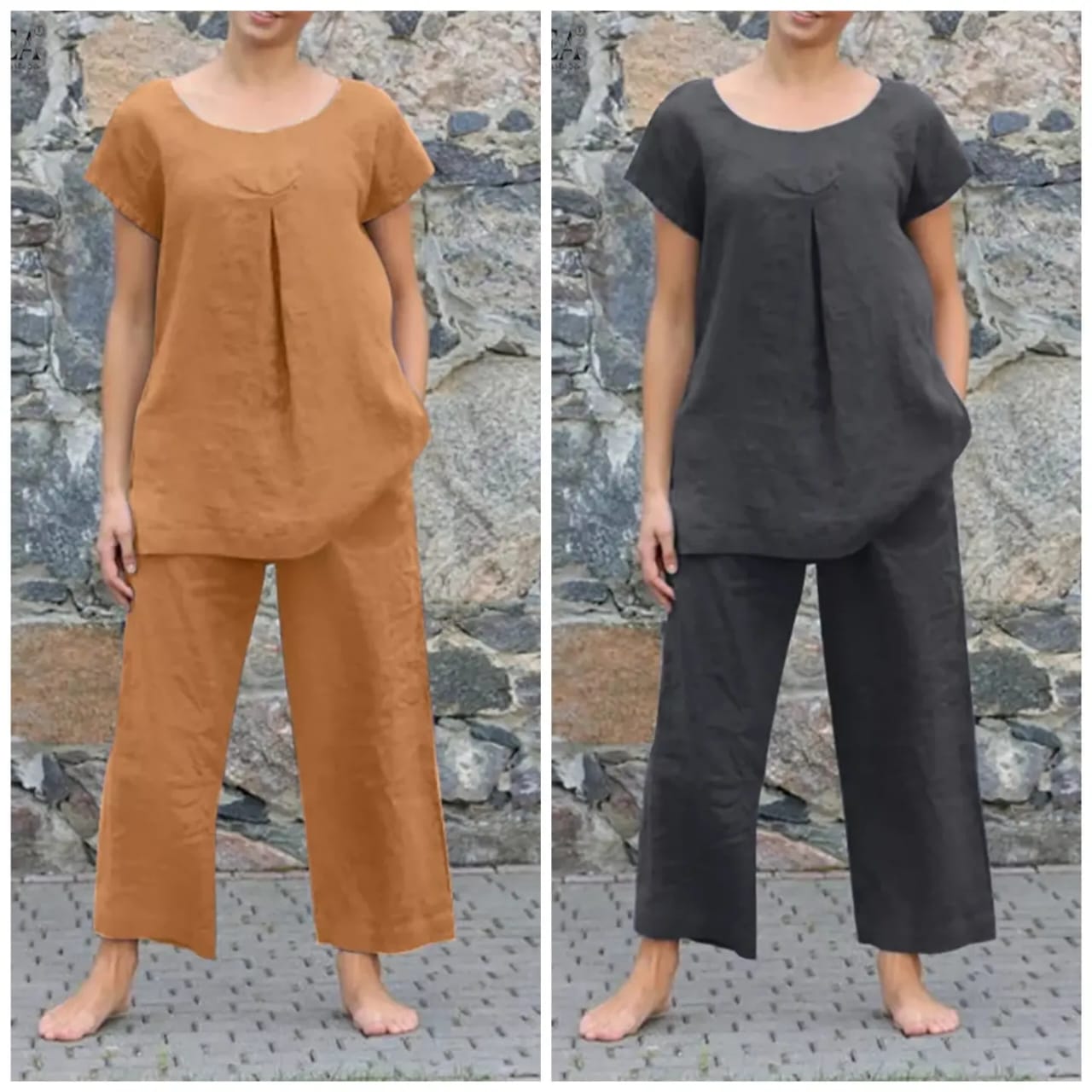 Solid Color Short Sleeve Top and Pant Set