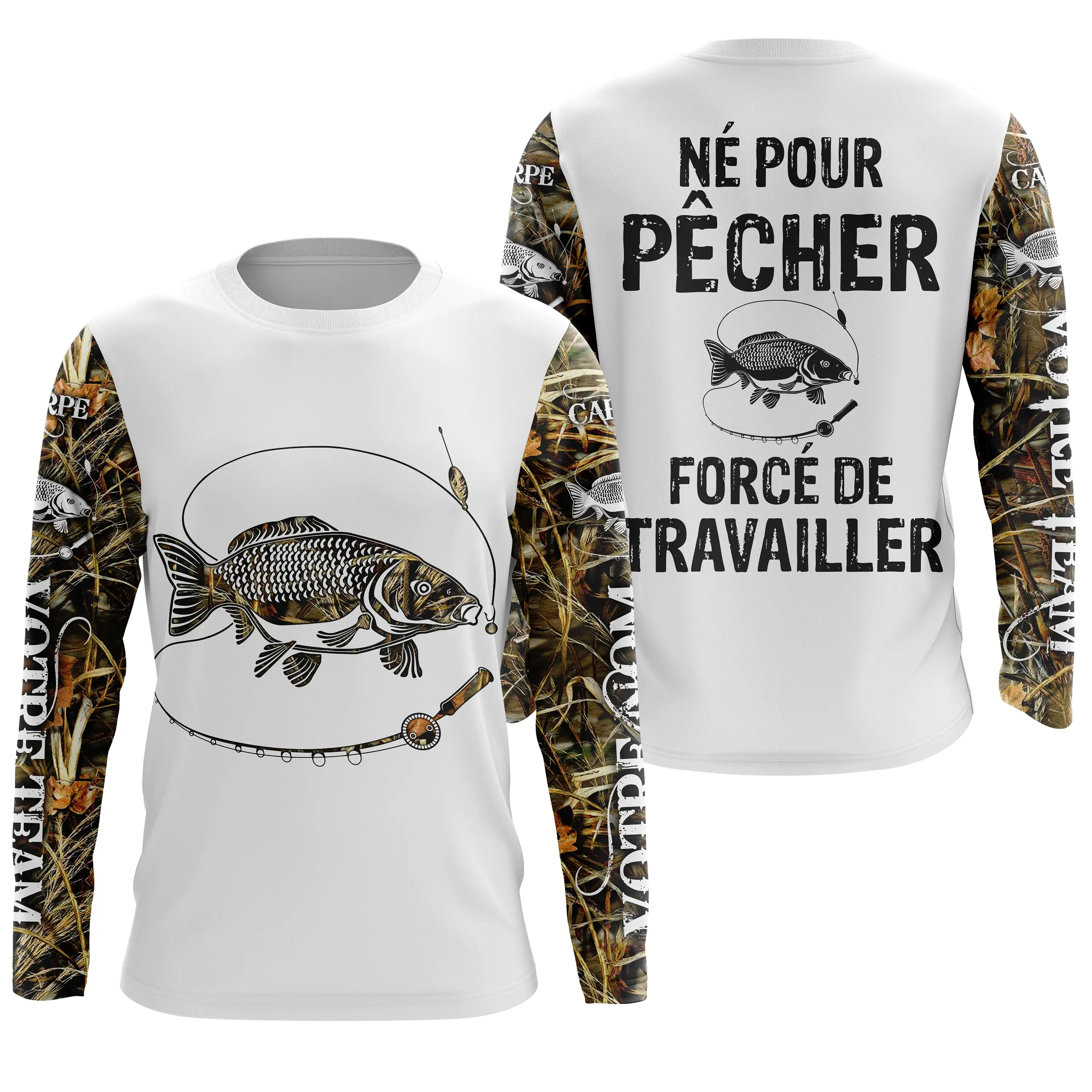 T-shirt Anti UV de Pêche 'Né Pour Pêcher' - Confort Durable et Design Pêcheur, Cadeau Idéal pour Passionnés de Carpe - CT2407202