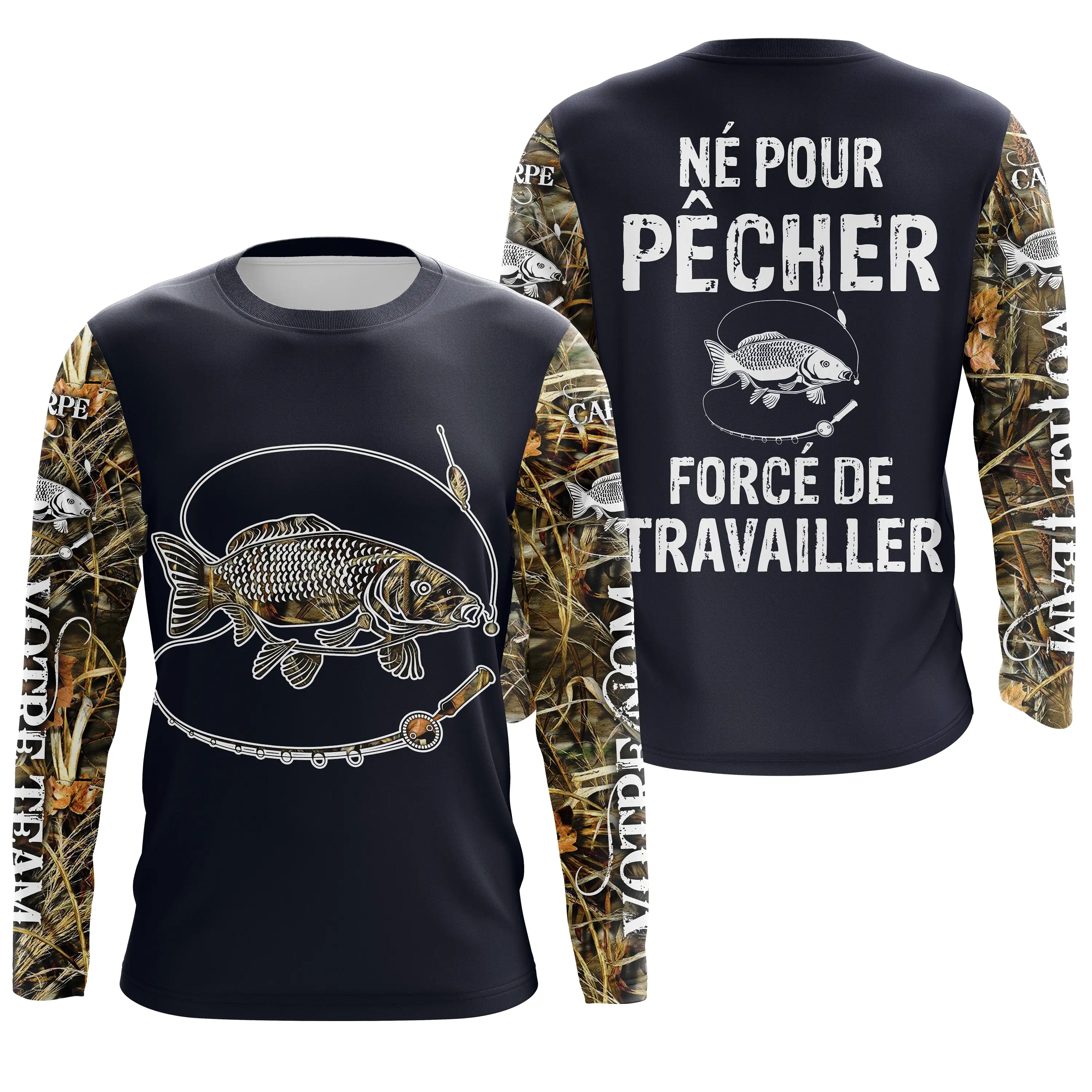 T-shirt Anti UV de Pêche 'Né Pour Pêcher' - Confort Durable et Design Pêcheur, Cadeau Idéal pour Passionnés de Carpe - CT2407202