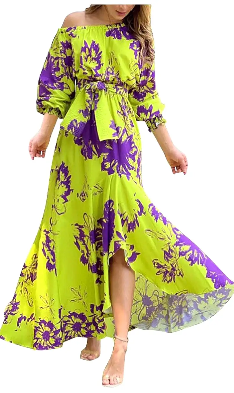 Women Off Shoulder Floral Print Ankle Length Slash Neck Maxi Dress B-58760