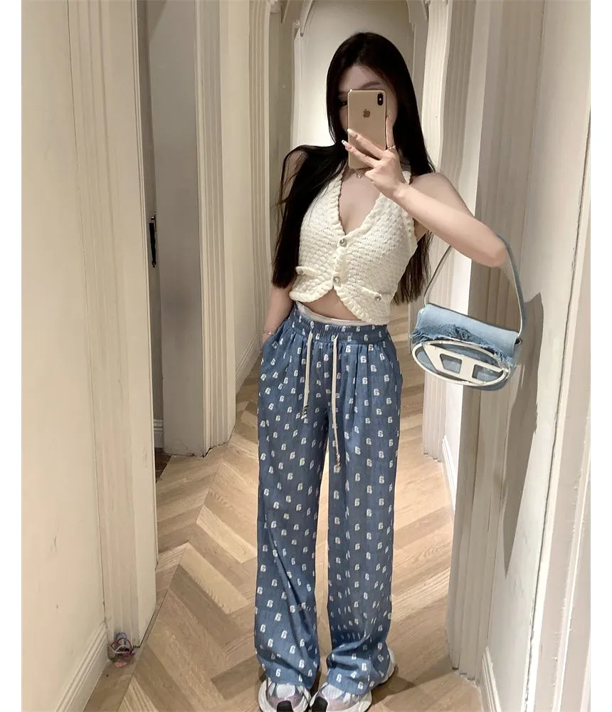 Women's Drawstring Waist Print Wide Leg Pants M S4981053