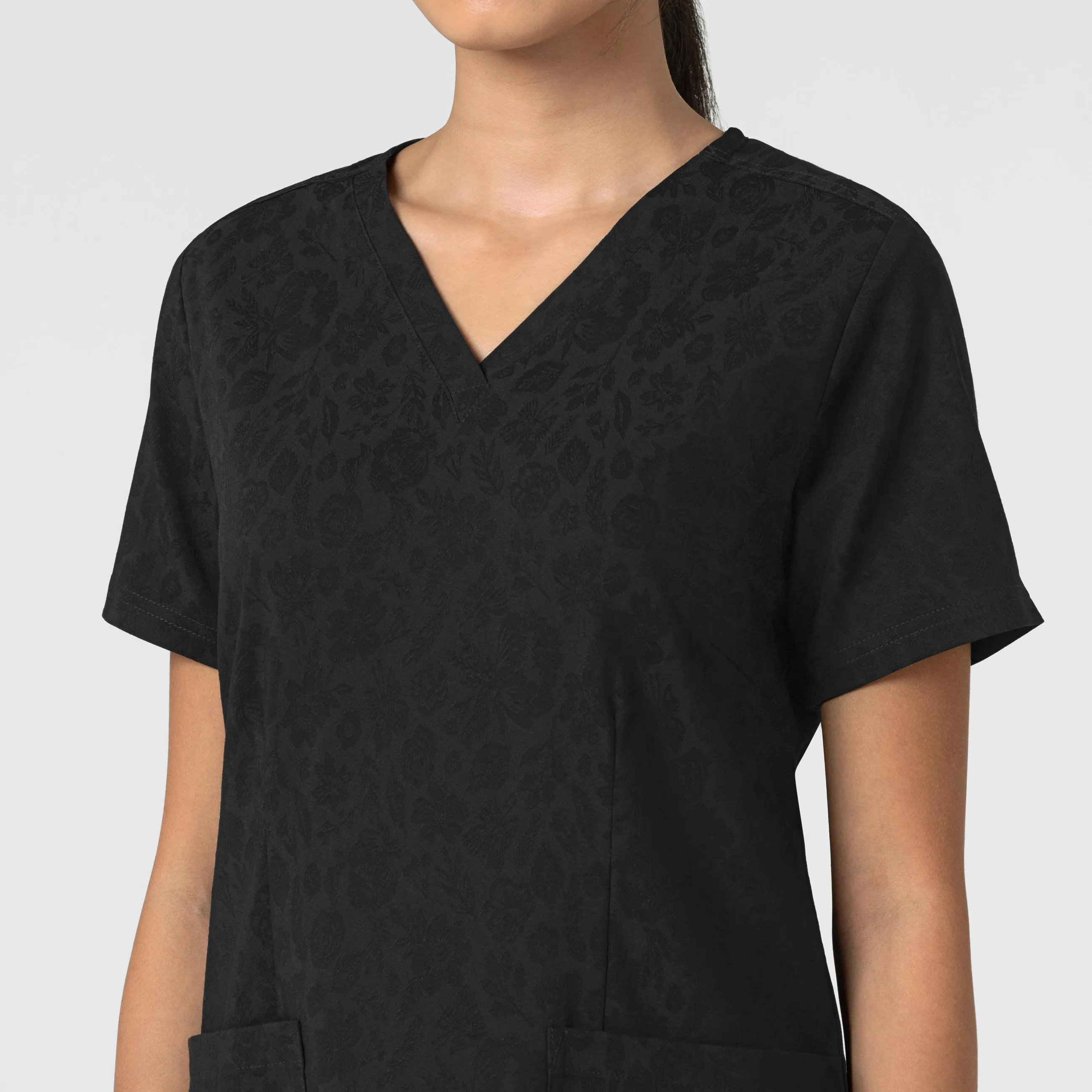 Women's Fitted 3-Pocket V-Neck Print Scrub Top - Jacquard Floral Black