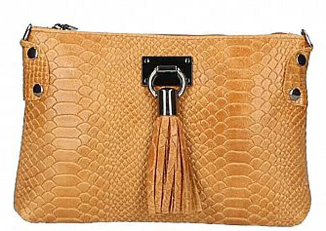 Women's leather pouch with cognac python print theresa