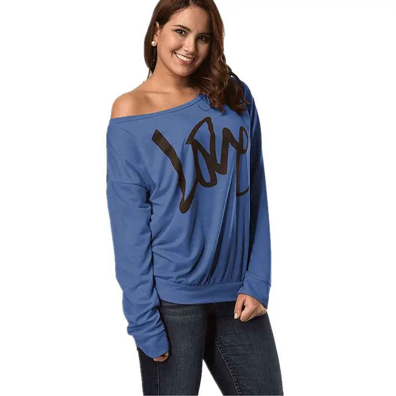 Women's Letter Love Print Sexy Off Shoulder Long Sleeve Tops