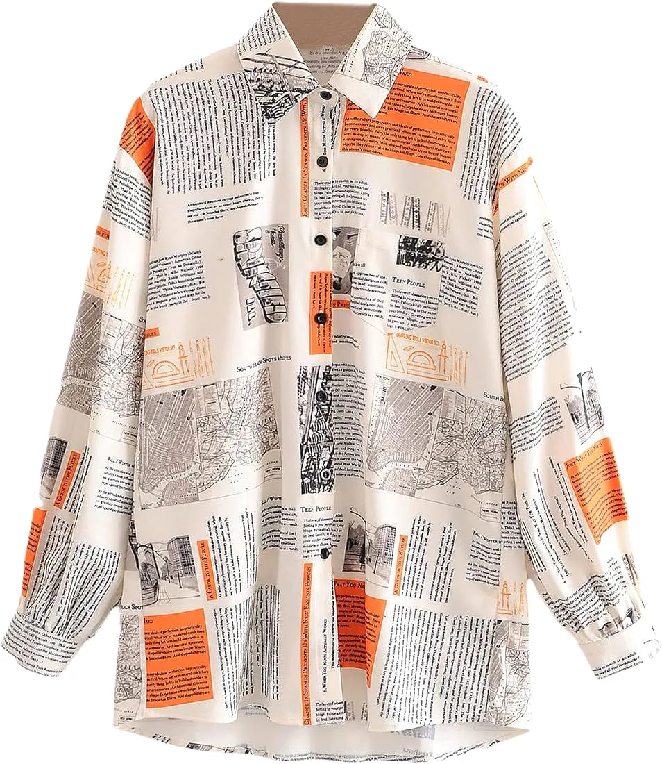 Women's Newspaper Print Long Sleeve Tunic Button Down Shirts Blouses 2XL S4917514