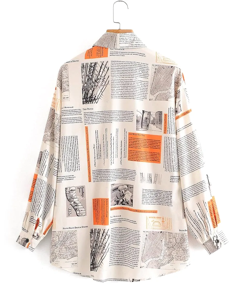 Women's Newspaper Print Long Sleeve Tunic Button Down Shirts Blouses 2XL S4917514