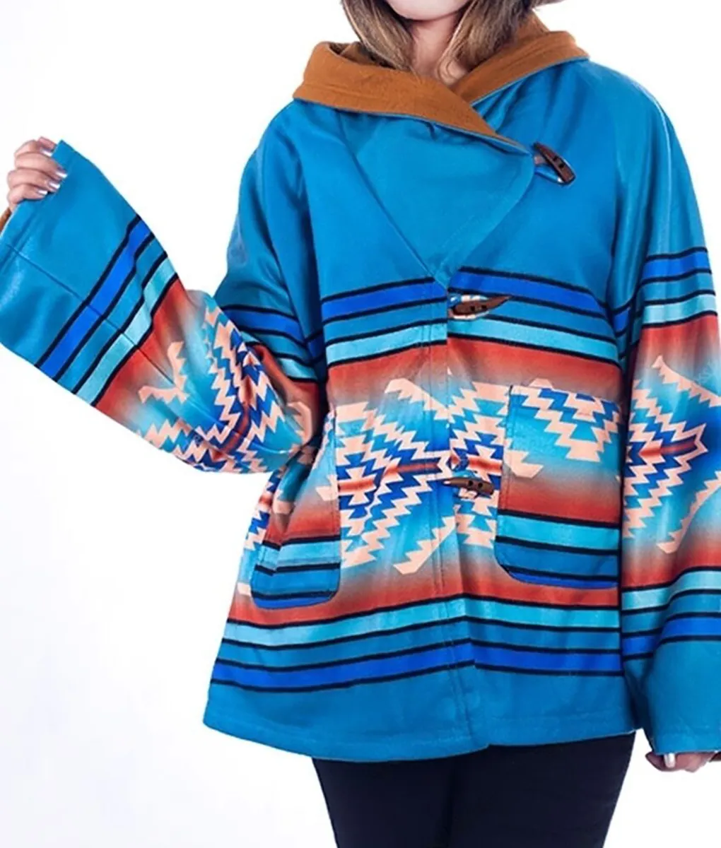 Yellowstone Beth Dutton Blue Hooded Aztec Coat - Semi-Cloak Style Coat