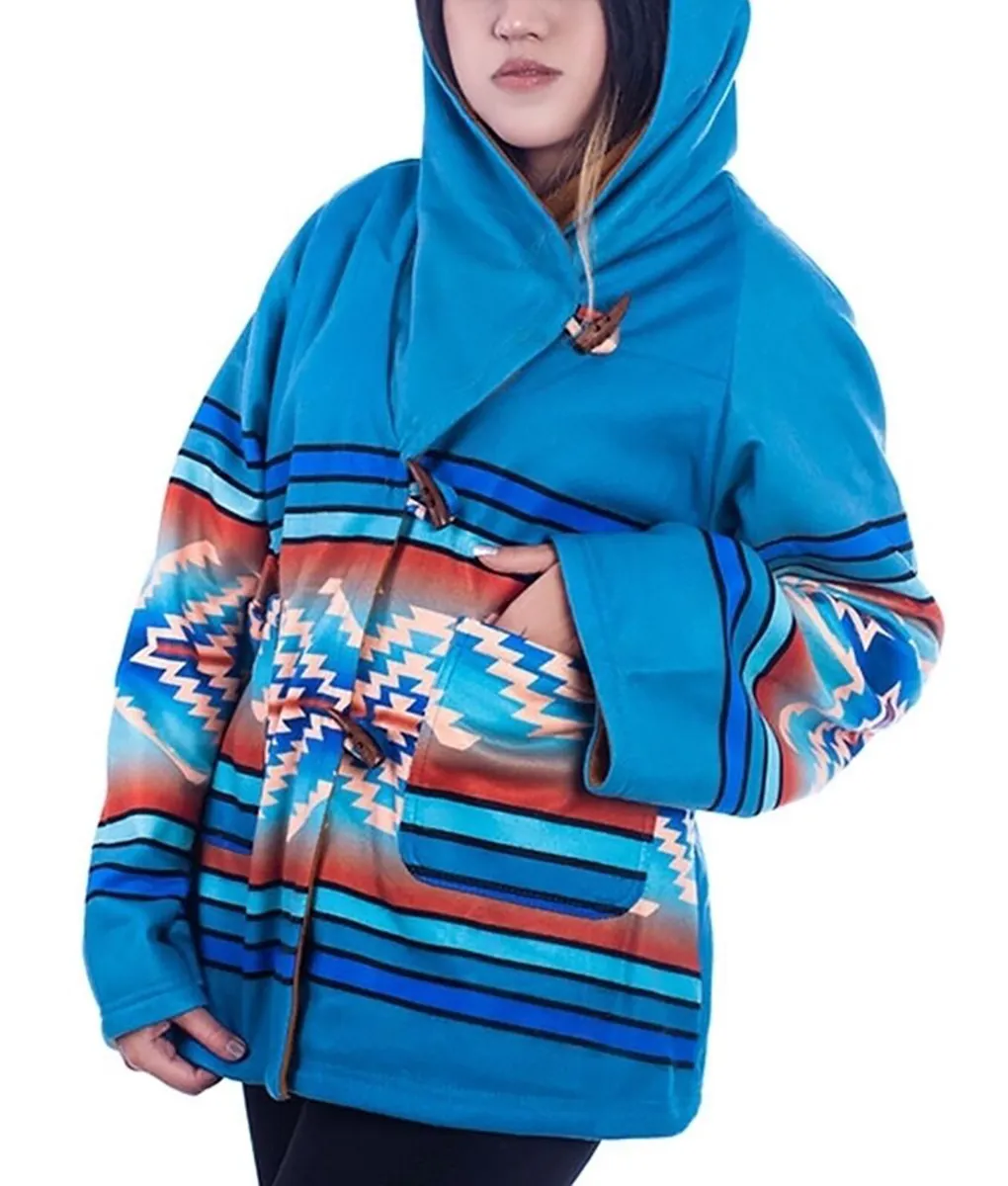 Yellowstone Beth Dutton Blue Hooded Aztec Coat - Semi-Cloak Style Coat