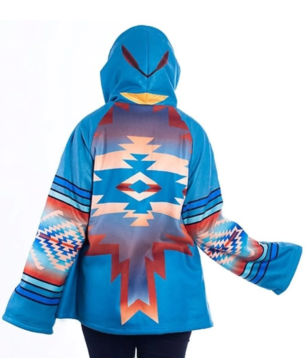 Yellowstone Beth Dutton Blue Hooded Aztec Coat - Semi-Cloak Style Coat